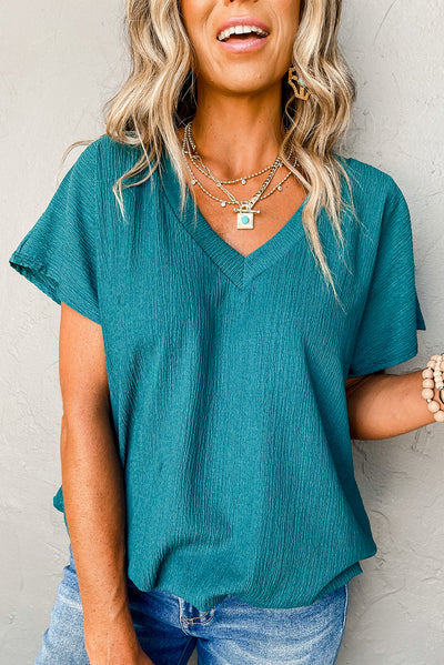 Turquoise Textured Crinkle V Neck Short Sleeve Top Krazy Bling