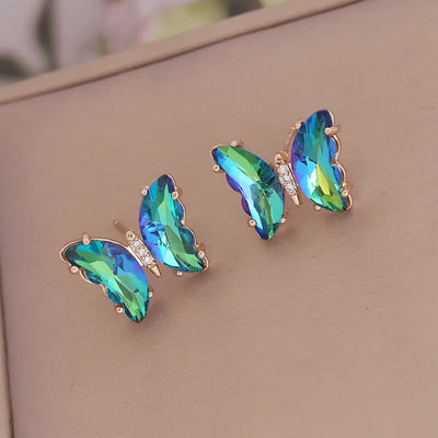 Green/Blue Rhinestone Gold Butterfly Earrings Krazybling