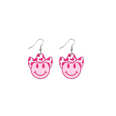 Pink Cow Print Smiley Face Cowboy Hat Earrings Krazybling