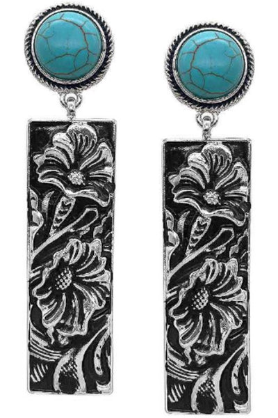 Silver Floral Tooled Rectangle Turquoise Earrings Krazybling
