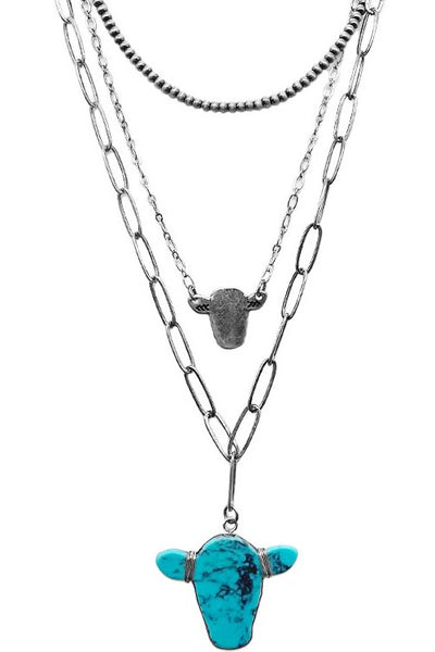 Turquoise Cow Head Wired Chain Multi Layer Necklace Krazy Bling