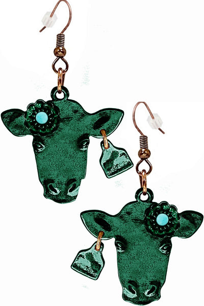 Patina Cow Head Cow Tag Turquoise Earrings Krazybling