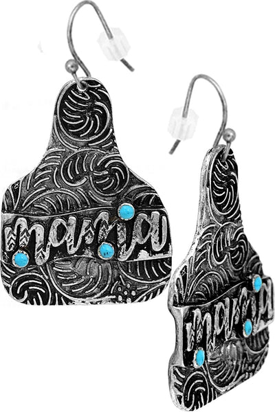 Turquoise Mama Metal Cow Tag Earrings Krazybling