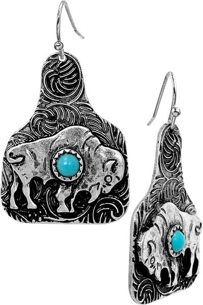 Turquoise Bison Metal Cow Tag Earrings Krazybling