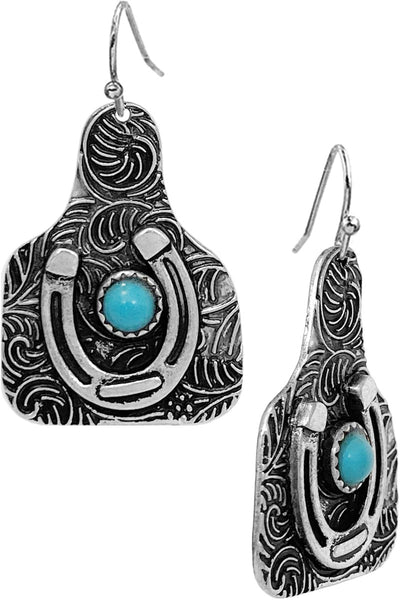 Turquoise Horseshoe Cow Tag Metal Earrings Krazybling