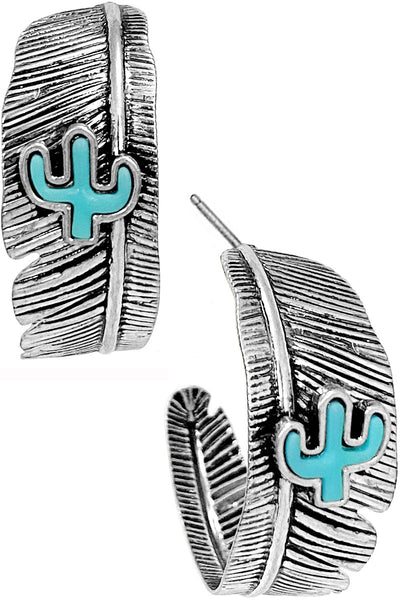Turquoise Cactus Feather Hoop Earrings Krazybling