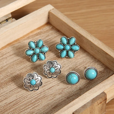 Turquoise Squash Blossom 3 Piece Stud Earrings Set Krazybling