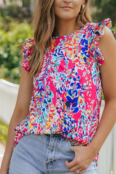 Hot Pink Floral Pattern Ruffle Sleeve Tank Top Krazy Bling