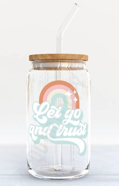 Let Go & Trust Rainbow - Iced Coffee Glass Cup Krazy Bling