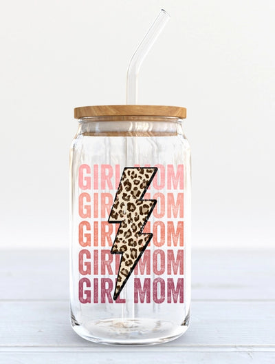 Girl Mom Stacked Lightening Bolt - Iced Coffee Glass Cup Krazy Bling