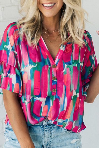 Pink Abstract Button Down V Neck Blouse Krazy Bling