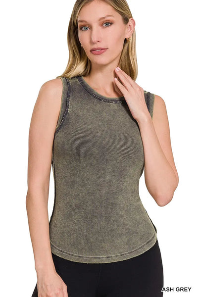 Ash Grey Mineral Wash Ribbed Exposed Seam Tank Top Krazy Bling