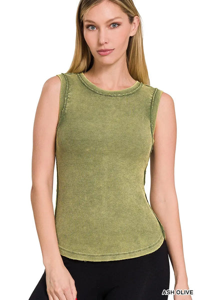 Ash Olive Mineral Wash Ribbed Exposed Seam Tank Top Krazy Bling