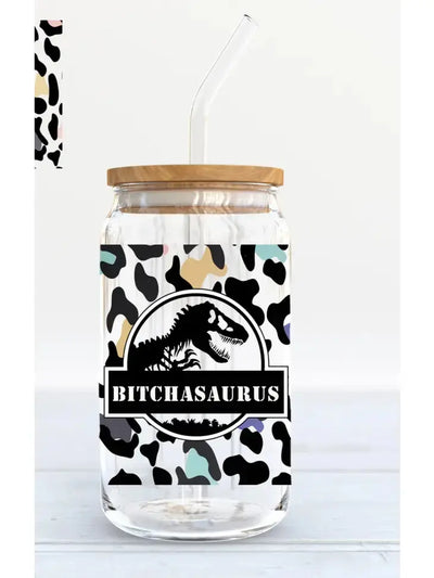 Bitchasaurus T Rex - Iced Coffee Glass Cup Krazy Bling