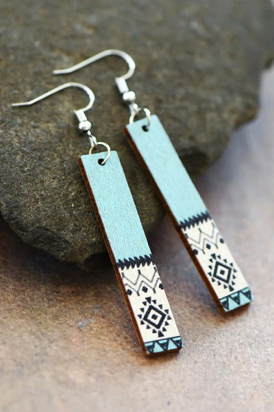 Blue Aztec Wood Rectangle Earrings Krazybling