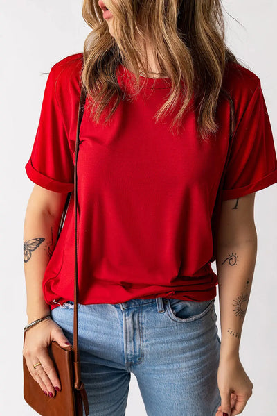 Bright Red Solid Layering Piece Crewneck Tee Krazy Bling