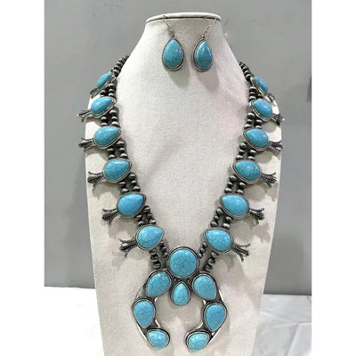 Silver Turquoise Squash Blossom & Earring Set Krazy Bling