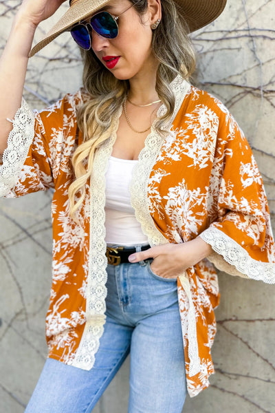 Copper Floral Lace Lightweight Kimono Krazy Bling
