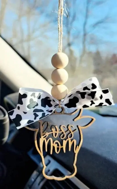 Cow Print Boss Mom Car Ornament Krazy Bling