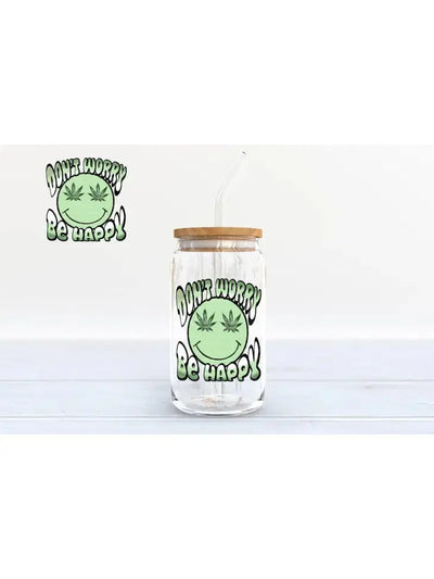 Don't Worry Be Happy Leaf - Iced Coffee Glass Cup Krazy Bling