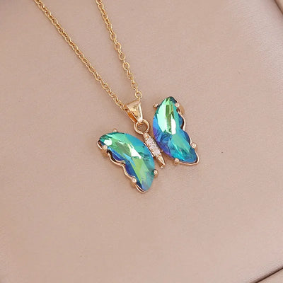 Green/Blue Rhinestone Gold Butterfly Necklace Krazy Bling