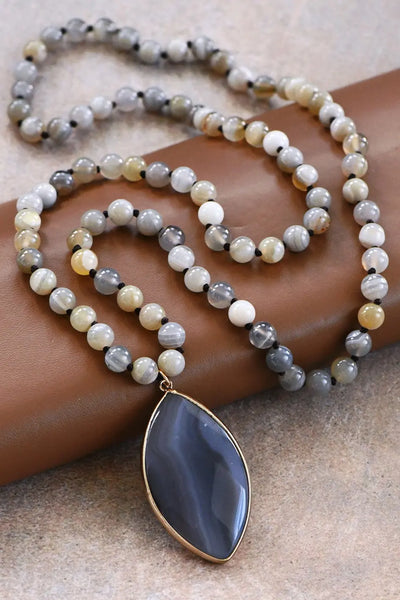 Grey Natural Stone Beaded Long Necklace Krazy Bling