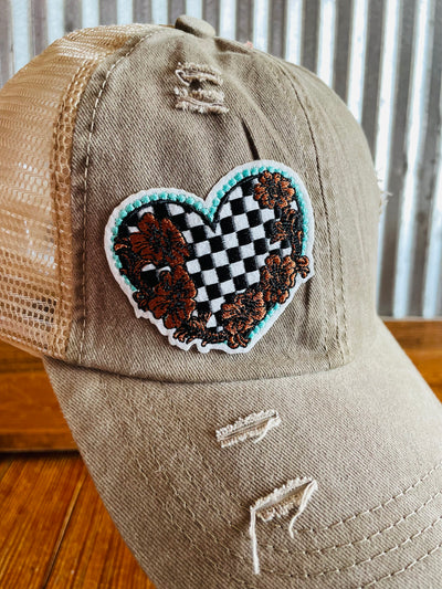 Tan Checkered Heart Patch Distressed Criss Cross Hat Krazy Bling