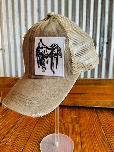 Tan White Saddle Patch Distressed Criss Cross Hat Krazy Bling