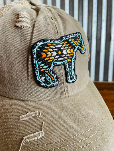 Tan Aztec Horse Patch Distressed Criss Cross Hat Krazy Bling