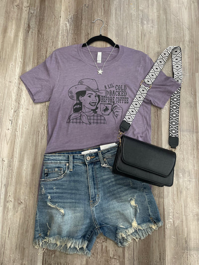Heather Purple A Little Cold Backed Before Coffee Graphic Tee Krazy Bling