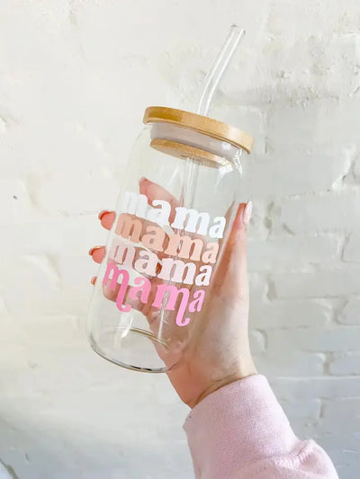 Light Pink Mama Stacked - Iced Coffee Glass Cup Krazy Bling