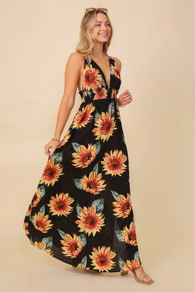 Long Black Sunflower Dress W/ Slits Krazy Bling