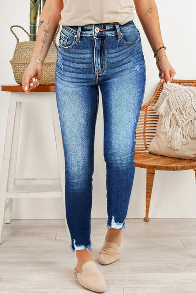 Medium Wash Raw Hem Distressed Skinny Jeans Krazy Bling