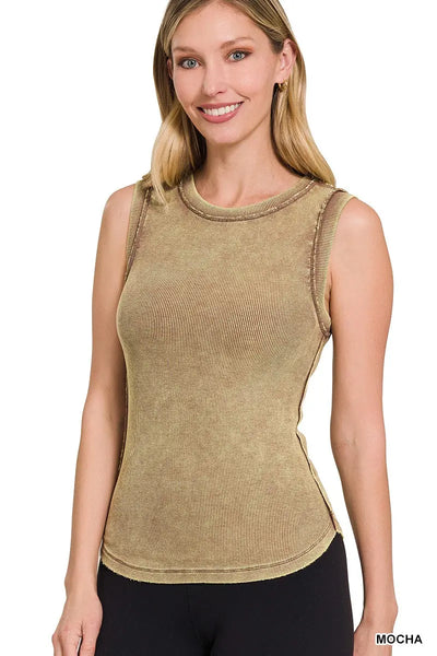 Mocha Mineral Wash Ribbed Exposed Seam Tank Top Krazy Bling