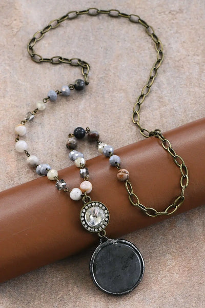 Natural Stone Pendant W/ Beaded Chain Long Necklace Krazy Bling