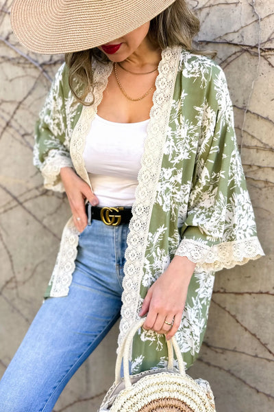 Olive Floral Lace Lightweight Kimono Krazy Bling