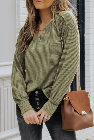 Olive Waffle Knit Exposed Seam Long Sleeve Top Krazy Bling