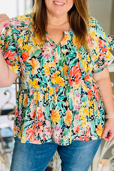 PLUS Colorful Floral Ruffles Short Sleeve Top Krazy Bling