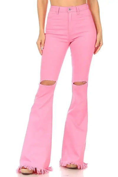 *PREORDER* Pink Ripped Knee Frayed Flare Jeans Krazy Bling