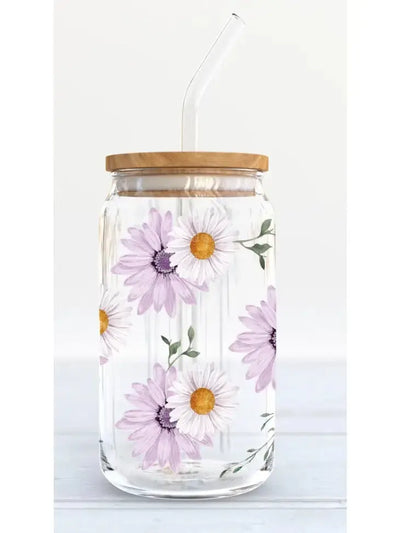 Purple Floral Daisies - Iced Coffee Glass Cup Krazy Bling