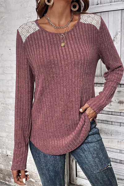 Purple Ribbed Lace Shoulder Long Sleeve Top Krazy Bling