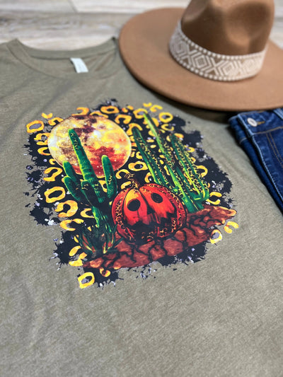 RTS Heather Olive Western Cactus Pumpkins Tee Krazy Bling