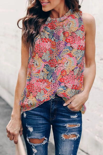 Red Floral Multicolor Sleeveless Blouse Krazy Bling