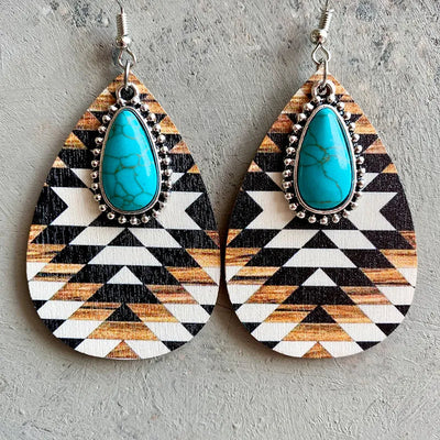 Black & White Aztec Turquoise Stone Teardrop Earrings Krazybling