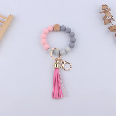 Pink Beaded Silicone Keychain Wristlet W/ Tassel Krazy Bling