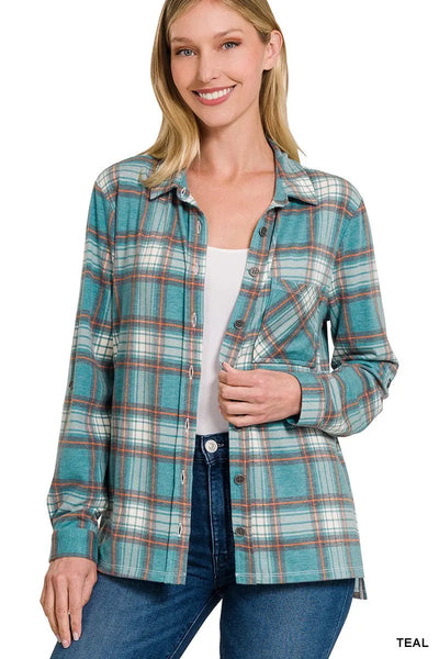 Teal Plaid Roll & Button Up Long Sleeve Flannel Krazy Bling