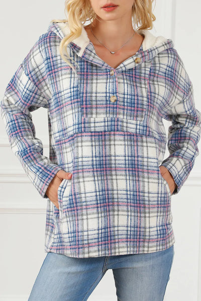 White & Blue Plaid Hooded Button Up Sweatshirt Krazy Bling