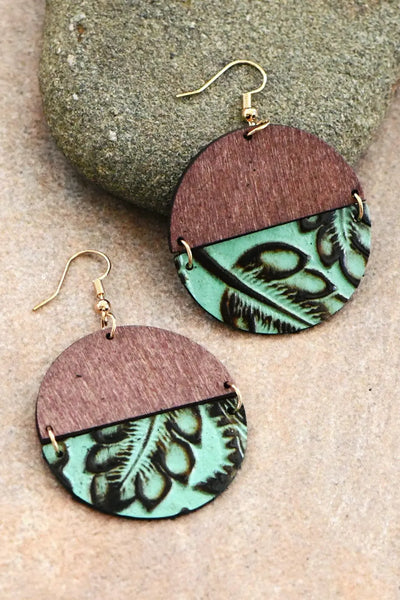 Wood & Turquoise Floral Leather Round Earrings Krazybling