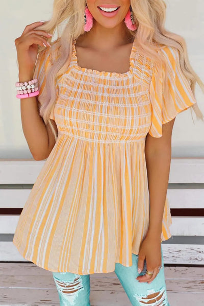 Yellow Striped Smocked Flowy Blouse Krazy Bling