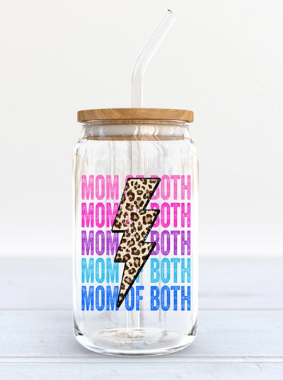 Mom Of Both Stacked Lightening Bolt - Iced Coffee Glass Cup Krazy Bling